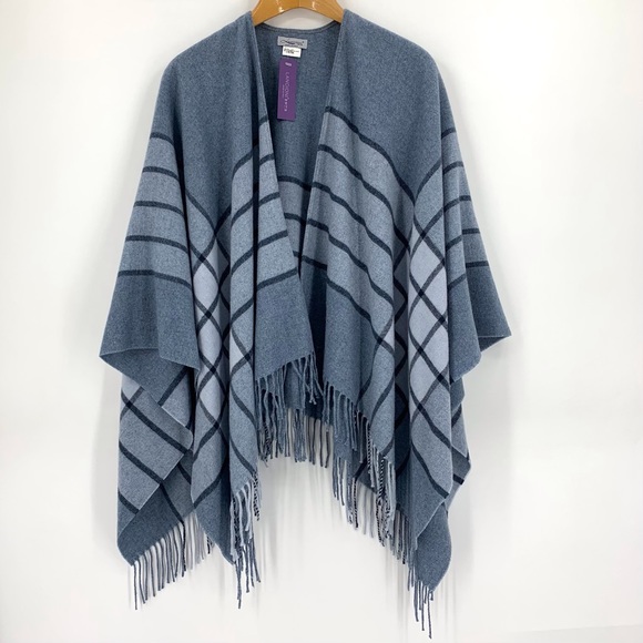 Lancioni 1973 NWT Blue Plaid Wool Blend Fringed Shawl, One Size - Picture 13 of 15
